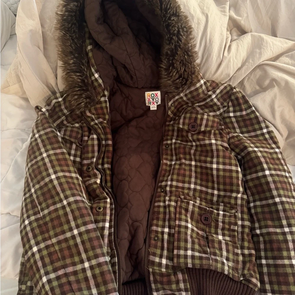 Roxy Brown Plaid Jacket with Faux Fur - Picture 1 of 3
